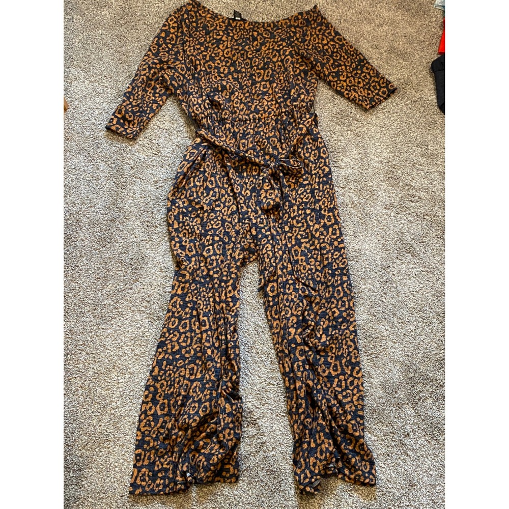 Lane Bryant Leopard Print Wide Leg Jumpsuit Gray Brown Short Sleeve Plus 18/20
